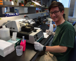 6/30/2015: Jack Olmstead, a Sackler/NSF REU student from Baylor, works with the vibratome.